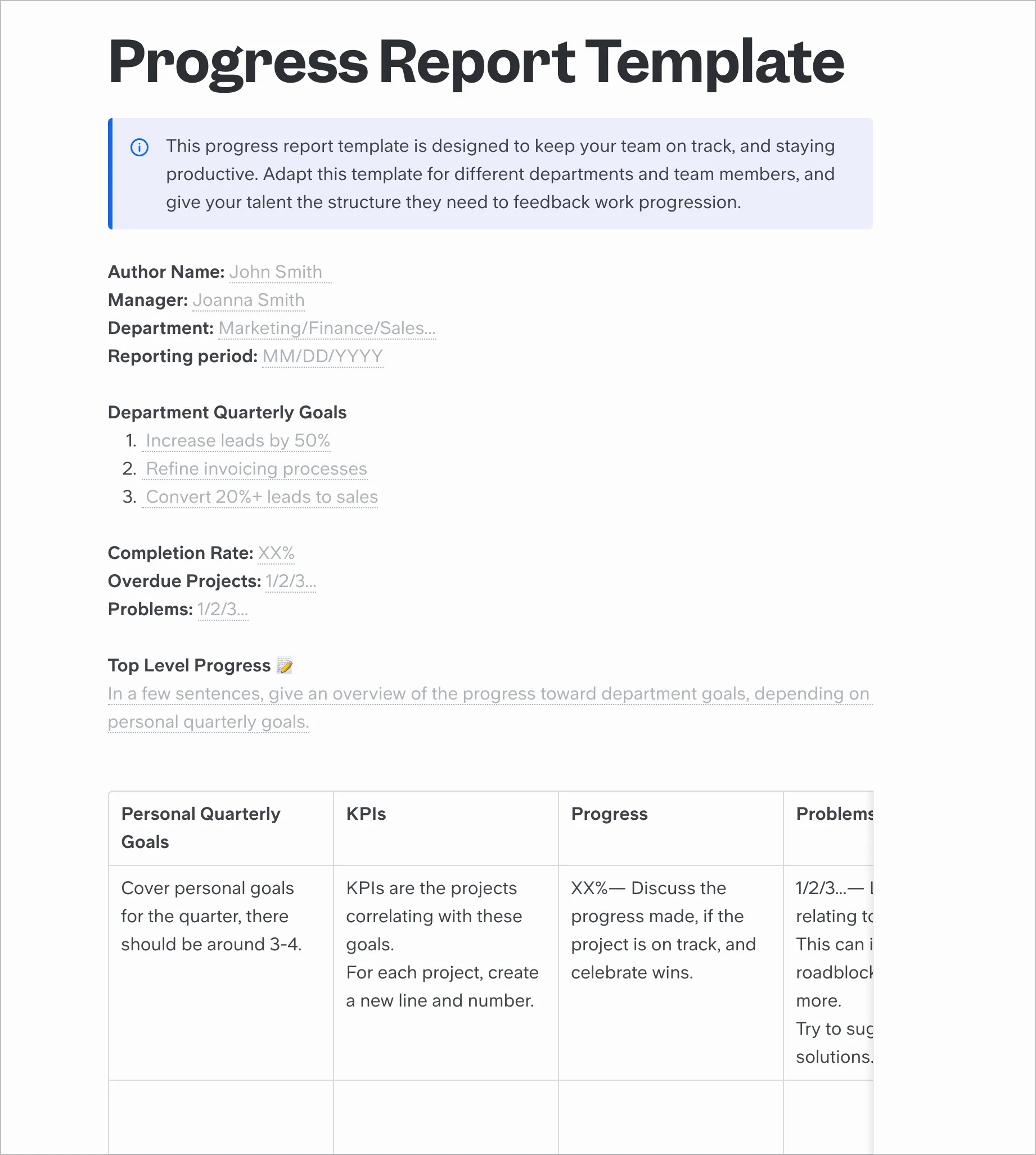 The 1 Customizable Progress Report Template Slite